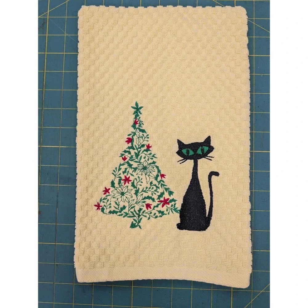Christmas Tree Retro Mid Mod Cat Mid Century Modern Atomic Kitchen Hand Towel